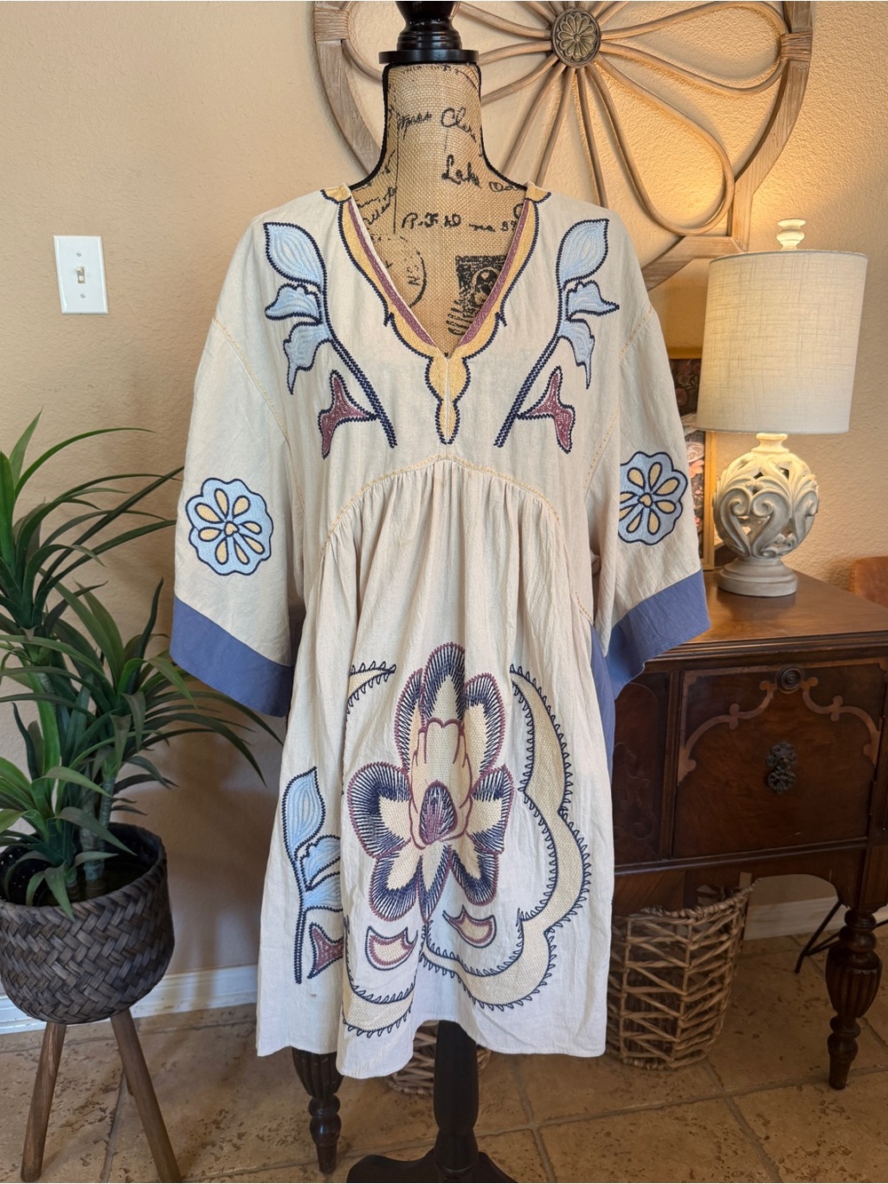 Umgee Bohemian Embroidered Cream Tunic Dress with Blue Accents